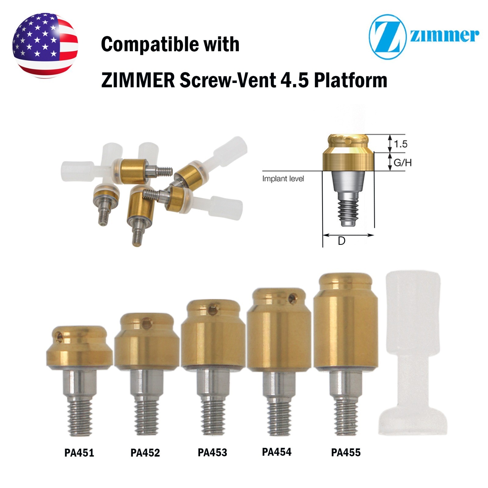 Dental Attachment Locator Abutment for Zimmer Screw-Vent 4.5 Platform 1-5.0mm H