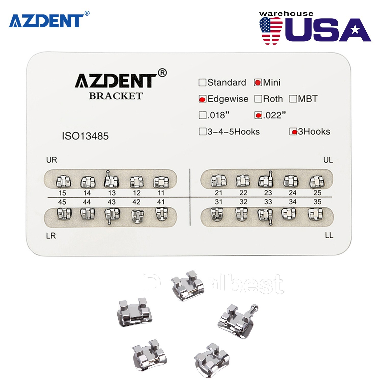 20pcs Dental Orthodontic Brackets Braces Mini Edgewise 022 Hooks 3 Metal AZDENT