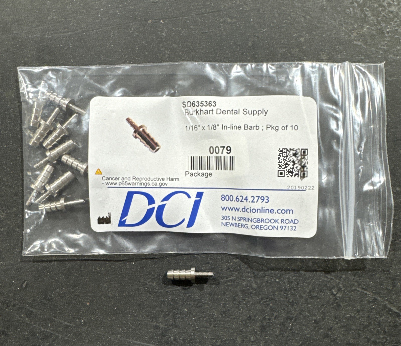 DCI 0079 1/16″ x 1/8″ In-line Barb ; Pkg of 10