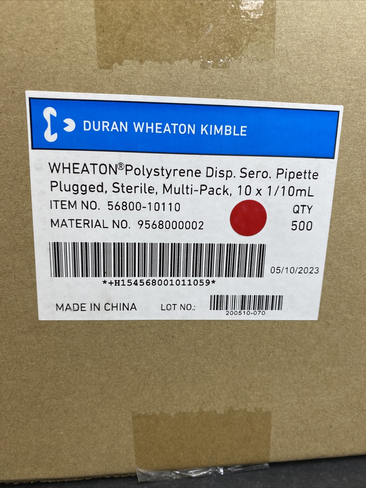 Wheaton Serological Pipette 10 ml Polystyrene Case of 500 Pipets