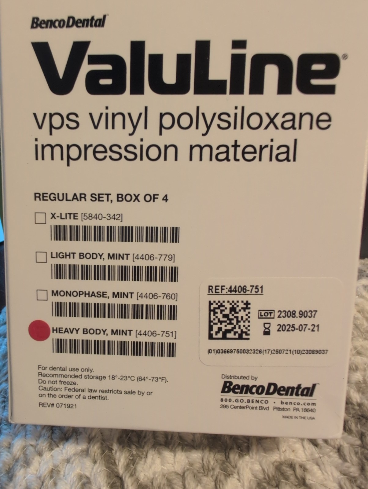 Valuline Vps Vinyl Polysiloxane Impression Material Heavy Body, Mint 4
