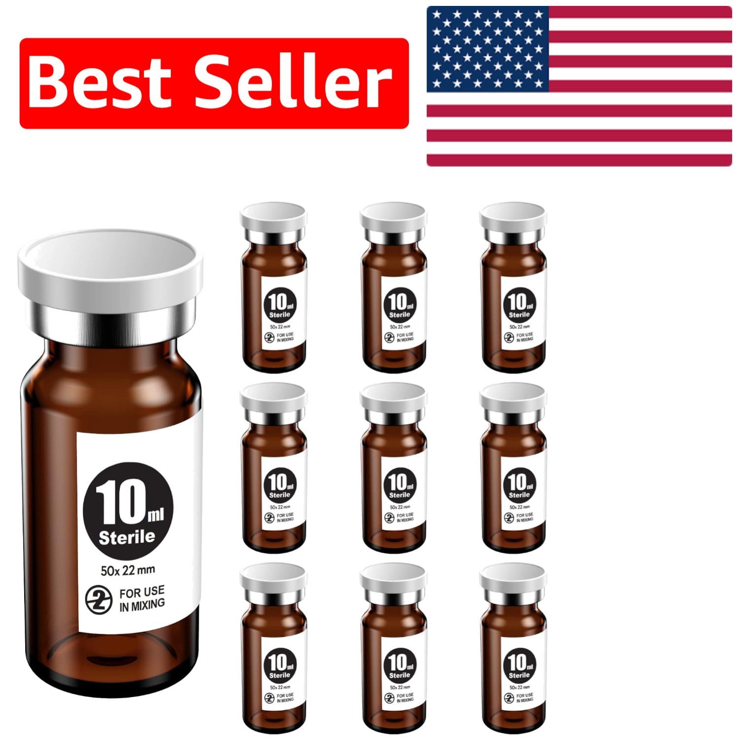 High-Quality 10ml Sterile Amber Glass Vials with Injection Port – Set of 10