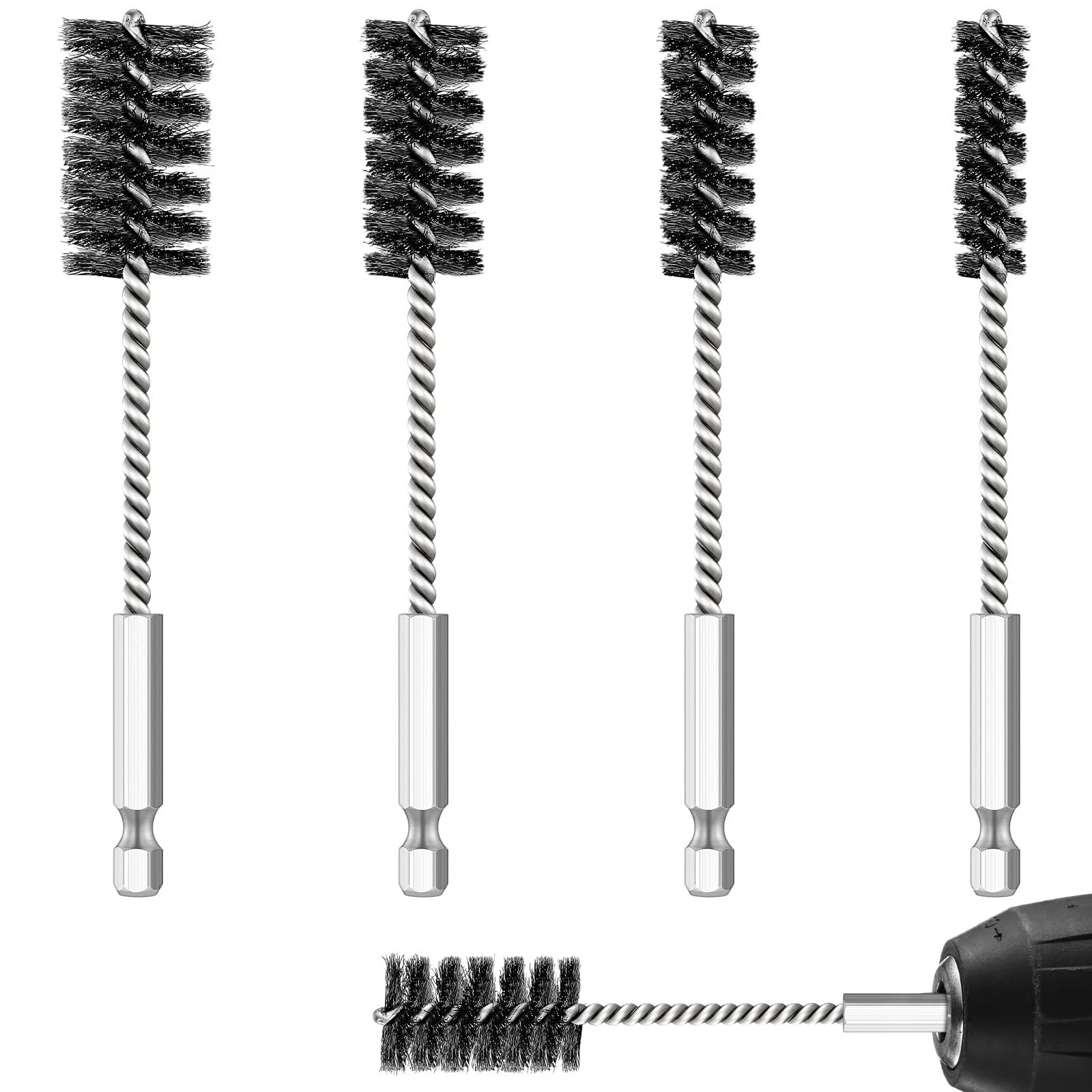 Hicarer 4 Pcs Stainless Steel Wire Brush for Drill Bore Set with silver