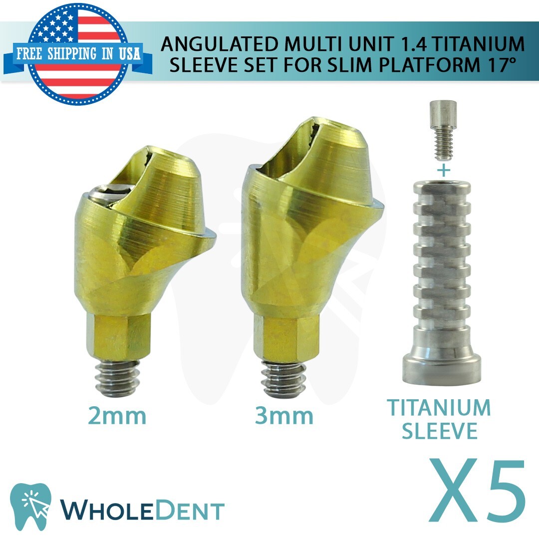 5x Angulated 17° Slim Multi Unit 1.4 Prosthetic Titanium Sleeve Set Int Hex 2mm