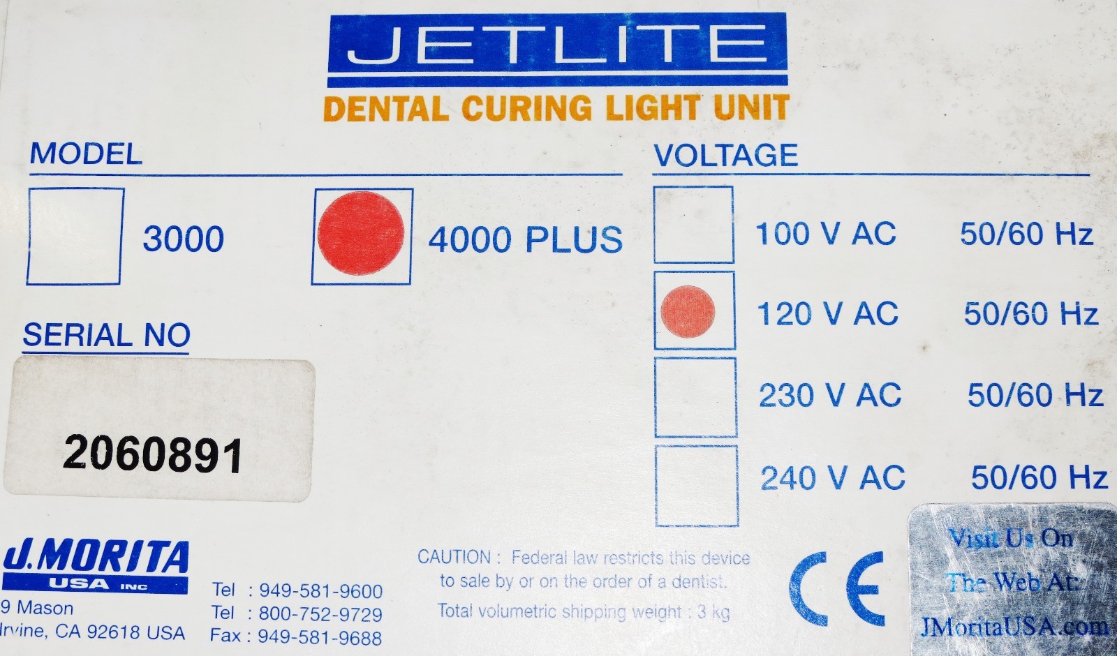 J.Morita Plus Dental Curing Light Unit JETLITE 4000 120 V AC 50/60Hz