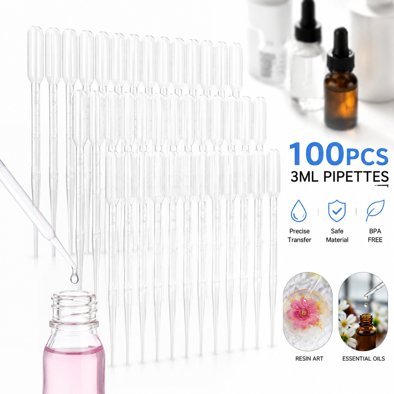 100 PCS 3ML Dropper Pipettes Essential Oil Transfer, Disposable Plastic Eye Drop