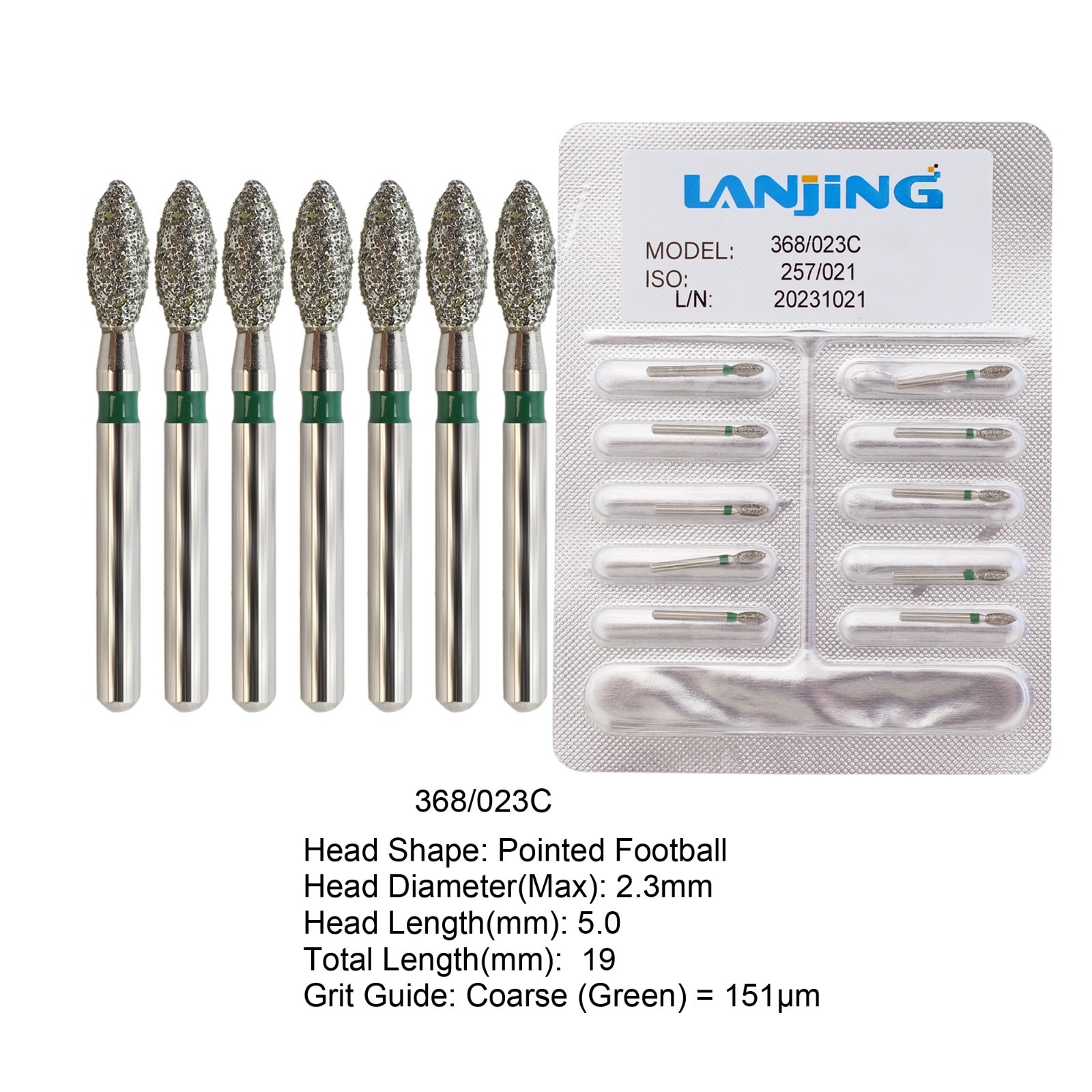 Dental Diamond Burs Football Egg 368/023C Coarse Grit Fine Friction Grip 19mm