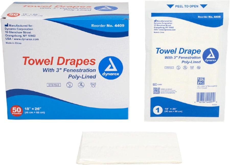 Dynarex Surgical Drape Tissue/Poly Fenestrated 18″x26″ Dispose White Sterile 50