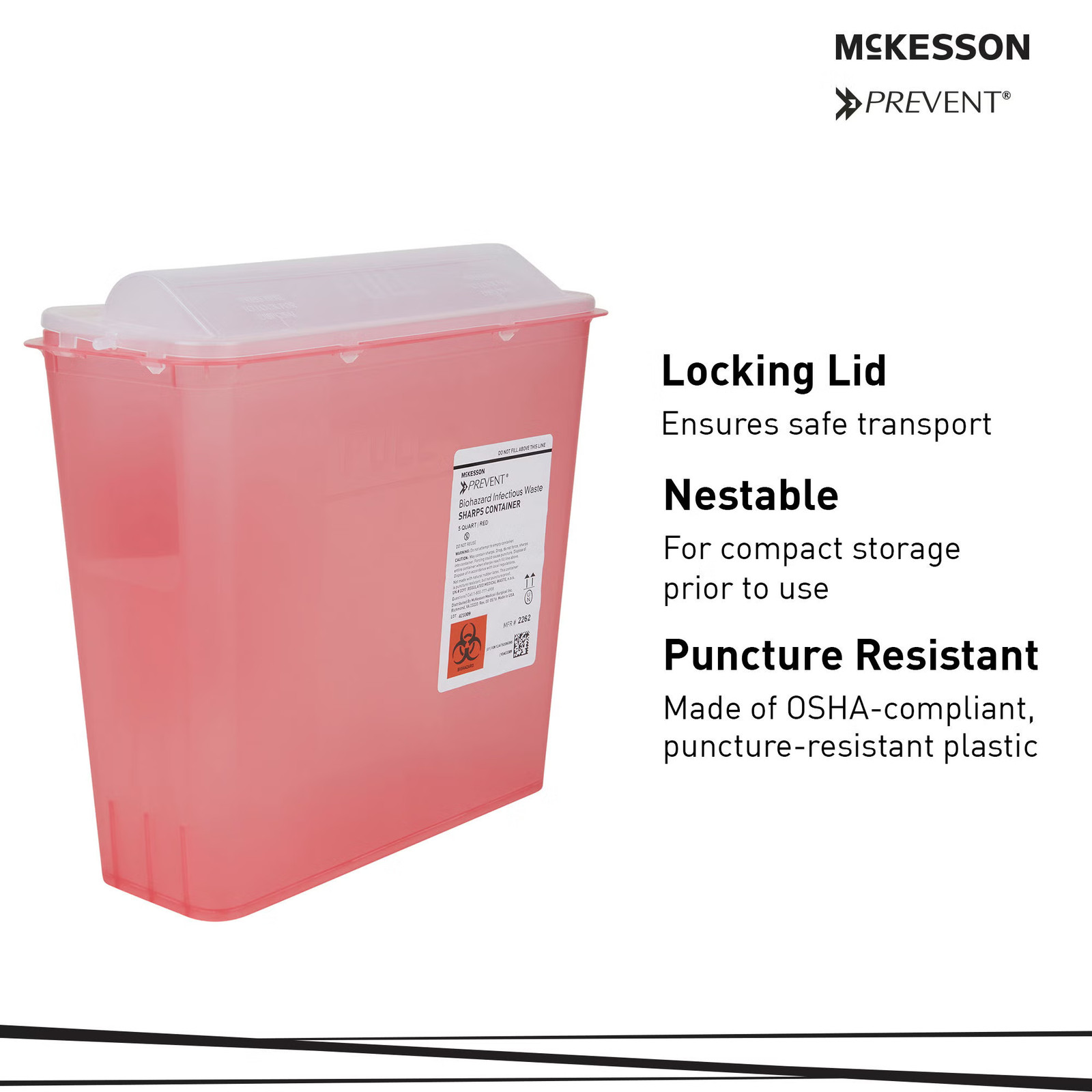 McKesson Prevent Sharps Container 5 Quart 10.75″Hx10.5″Wx4.75″D 2262 Case of 20