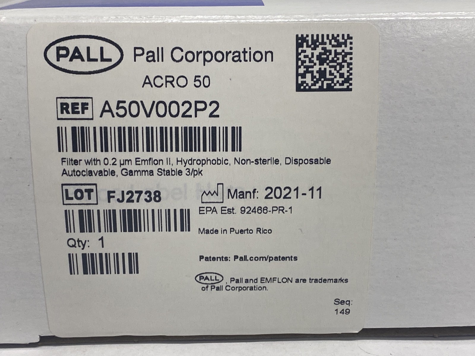 (3/Pk) PALL Acro 50 Vent Filter Device 0.2um Emflon Membrane 50mm HB A50V002P2