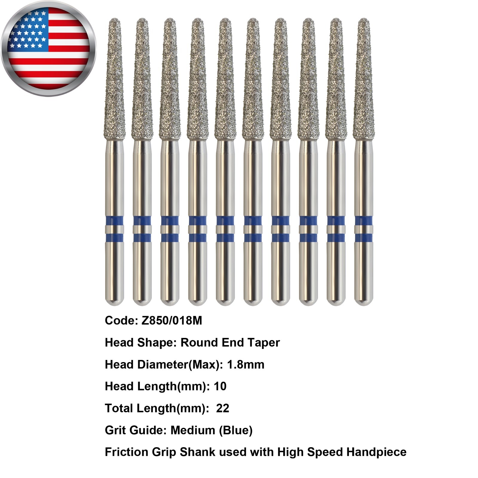 Zirconia Diamond Burs FG Cutter Round End Taper Dental Medium Grit Bur Z850/018M