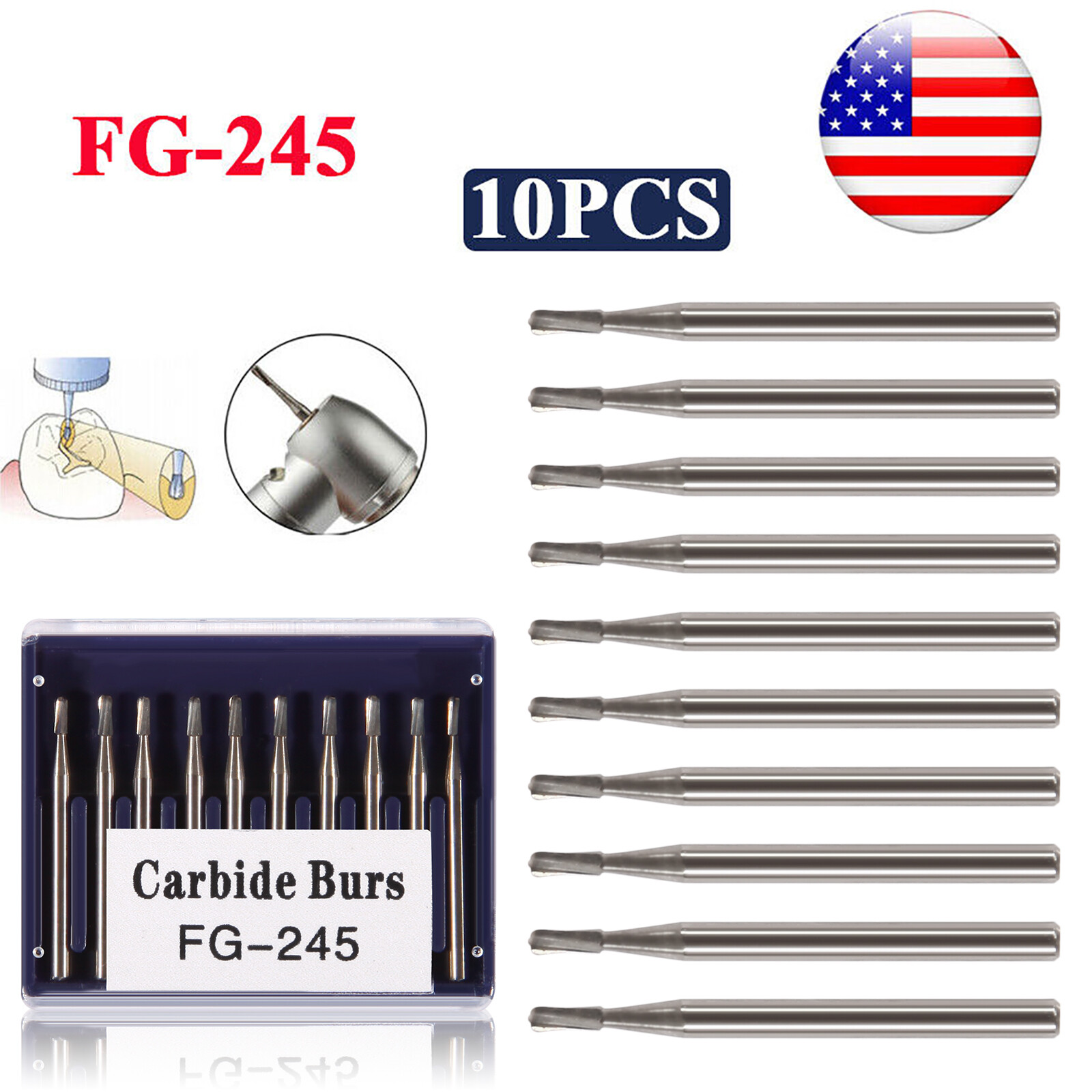 10-100pc Dental Carbide Burs FG245 19mm FG Pear Drill Bits for High Speed