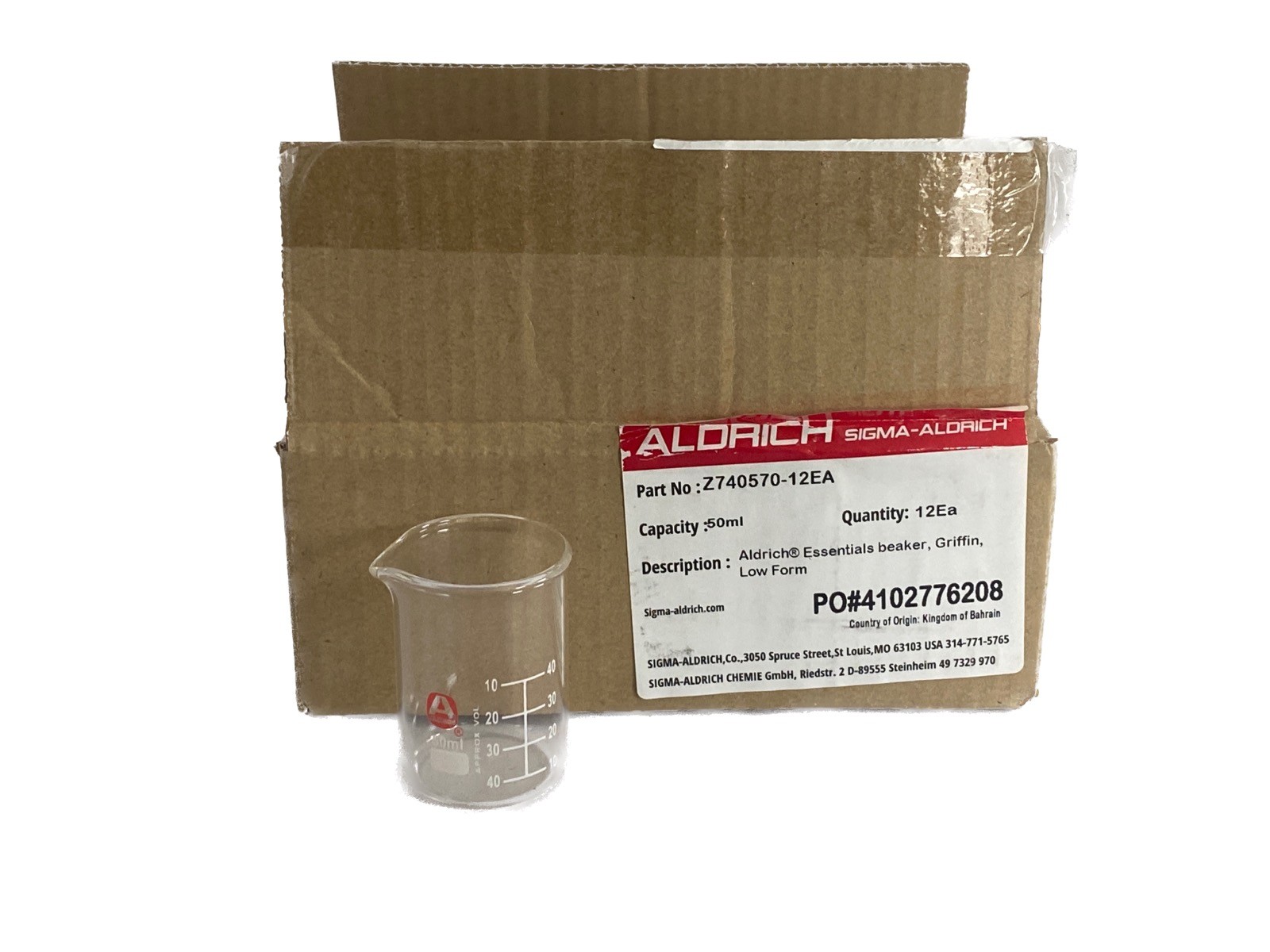 (12/Pk) ALDRICH 50mL Glass Essentials Low Form Graduated Griffin Beakers Z740570