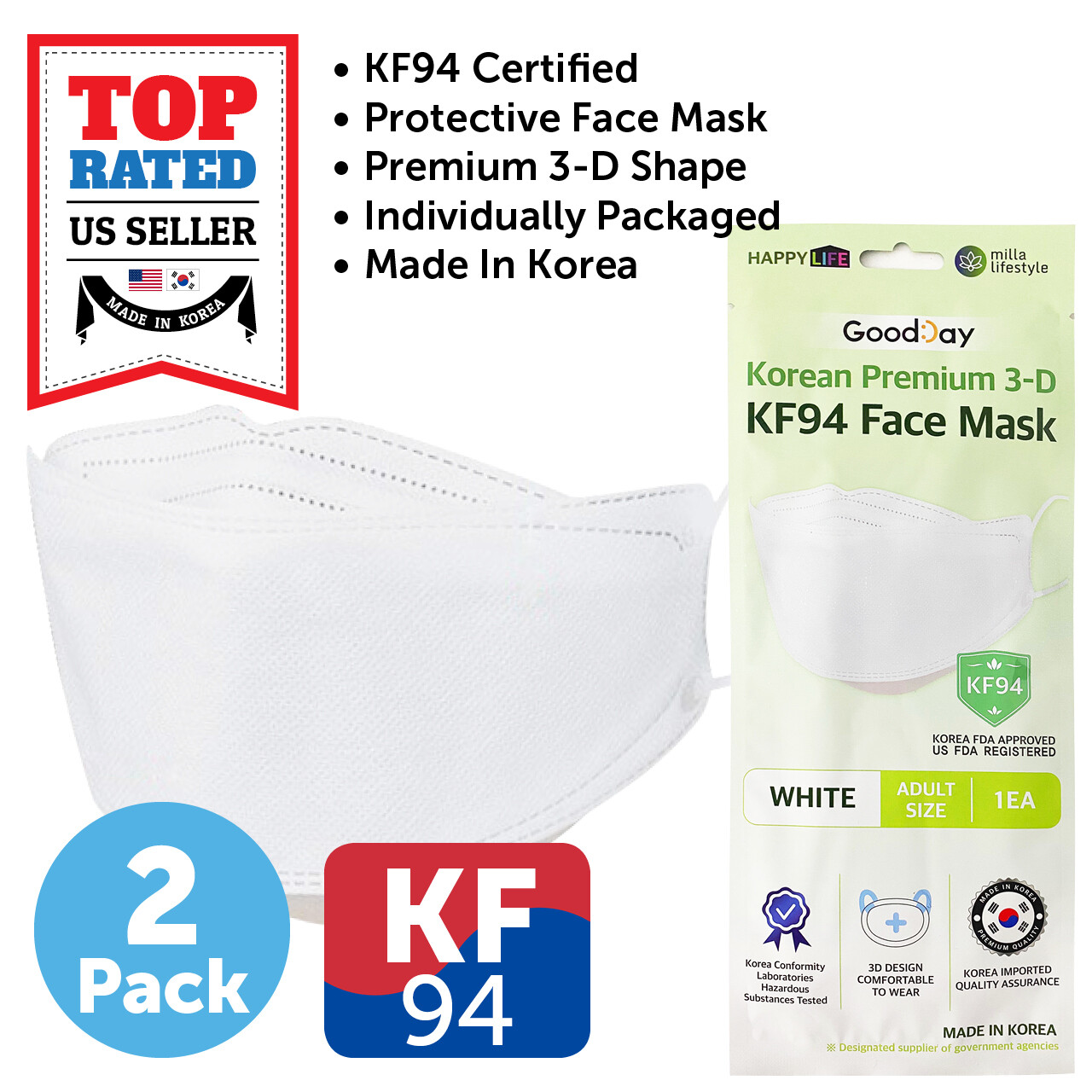 2 PCS KF94 WHITE Protective Face Mask Adult Made in Korea KFDA Approved