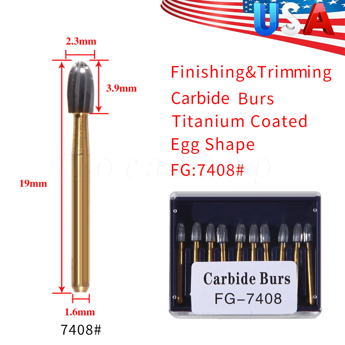 10 Pcs Dental Tungsten Carbide Burs Trimming & Finishing Egg Football Bur FG7408