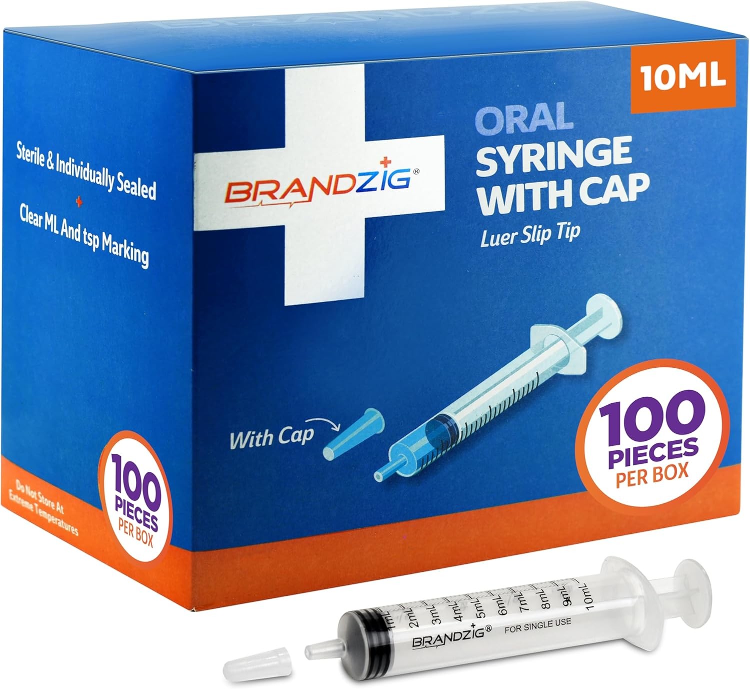 10ml Oral Syringe With Cap (100 Pack) | Oral Dispenser Without Needle, Luer Slip