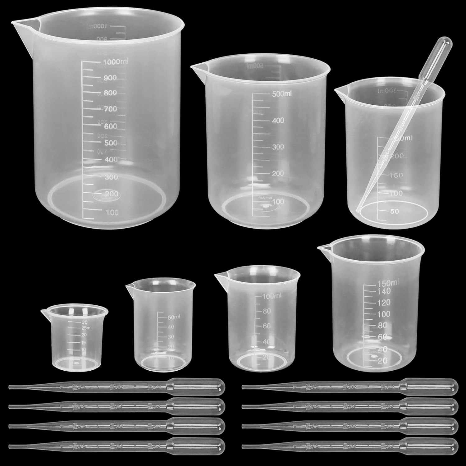 Versatile 7-Piece Clear Measuring Beaker Set (30ml-1000ml) with 20 3ml Droppers