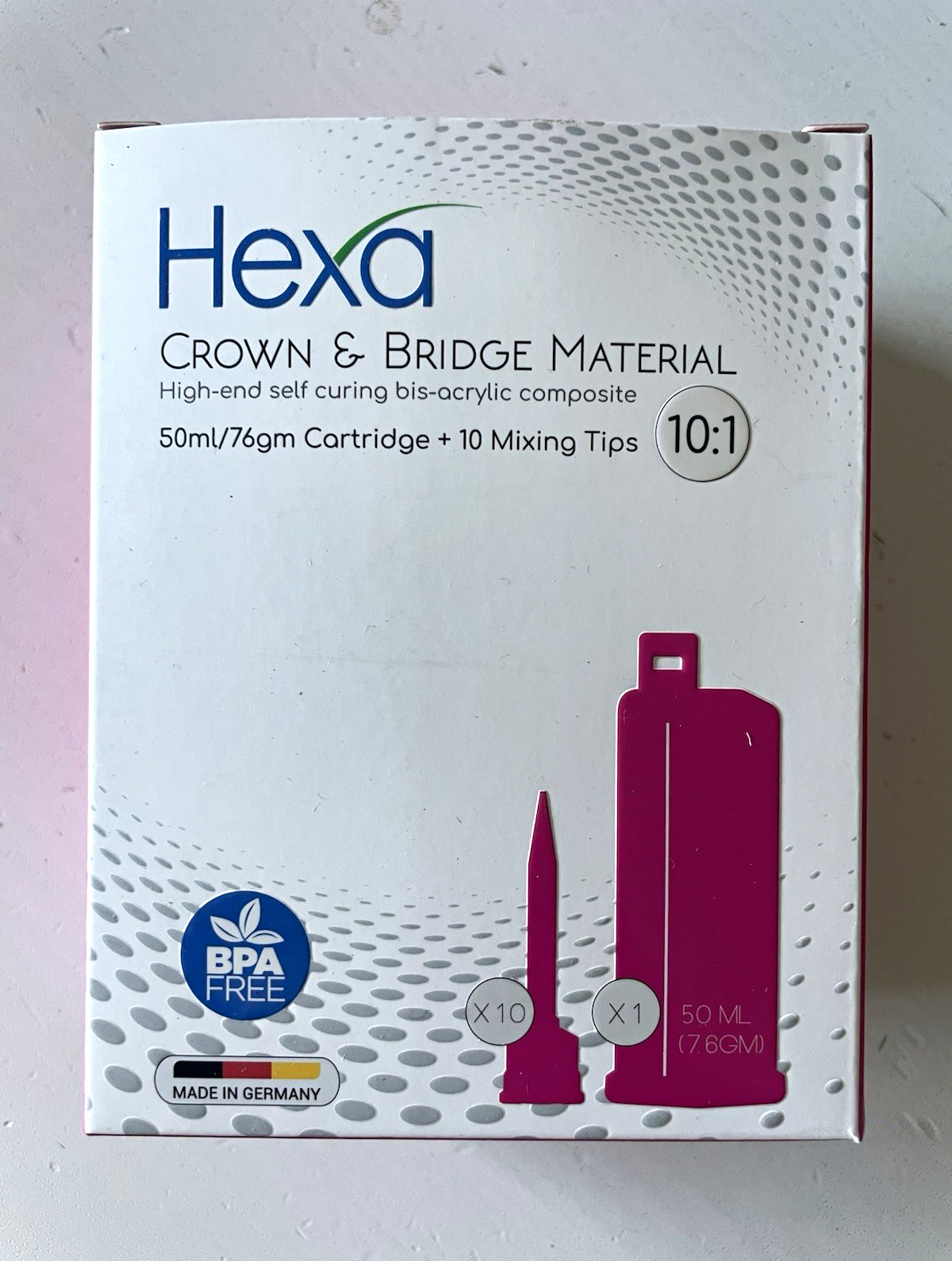 Hexa Dental Crown & Bridge Material 50ml/76g 10:1 Cartridge + 10 Tips HT-0002