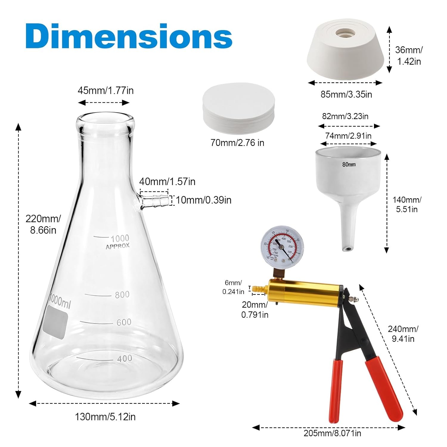 1000ml Lab Buchner Funnel Vacuum Filter Bottle Lab Vacuum Filtering with Pump US