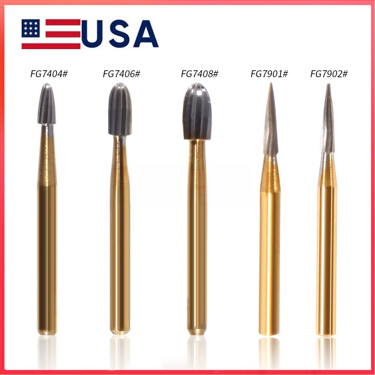Dental Bur Trimming & Finishing Burs Carbide Burs FG 7901 /7902 /7406 /7408 Gold