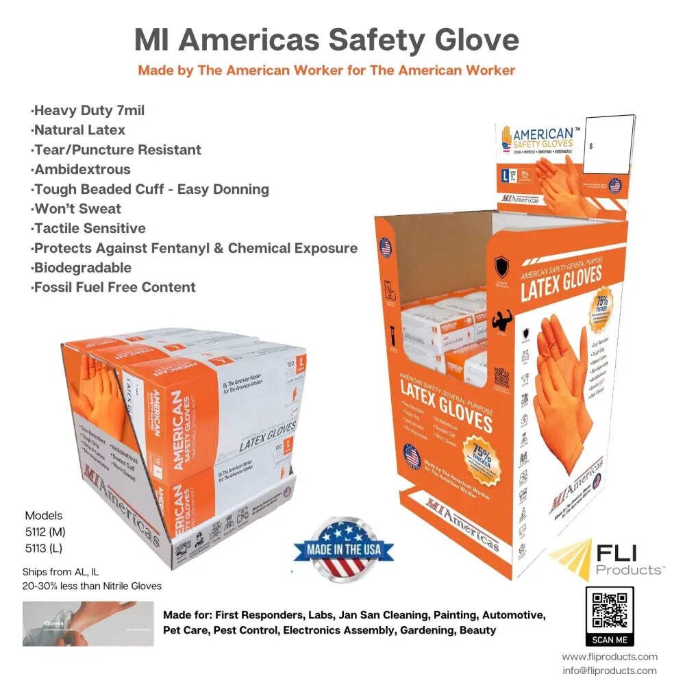 MI Americas Latex Safety Glove Disposable Low Protein Natural Rubber Non-Allergy