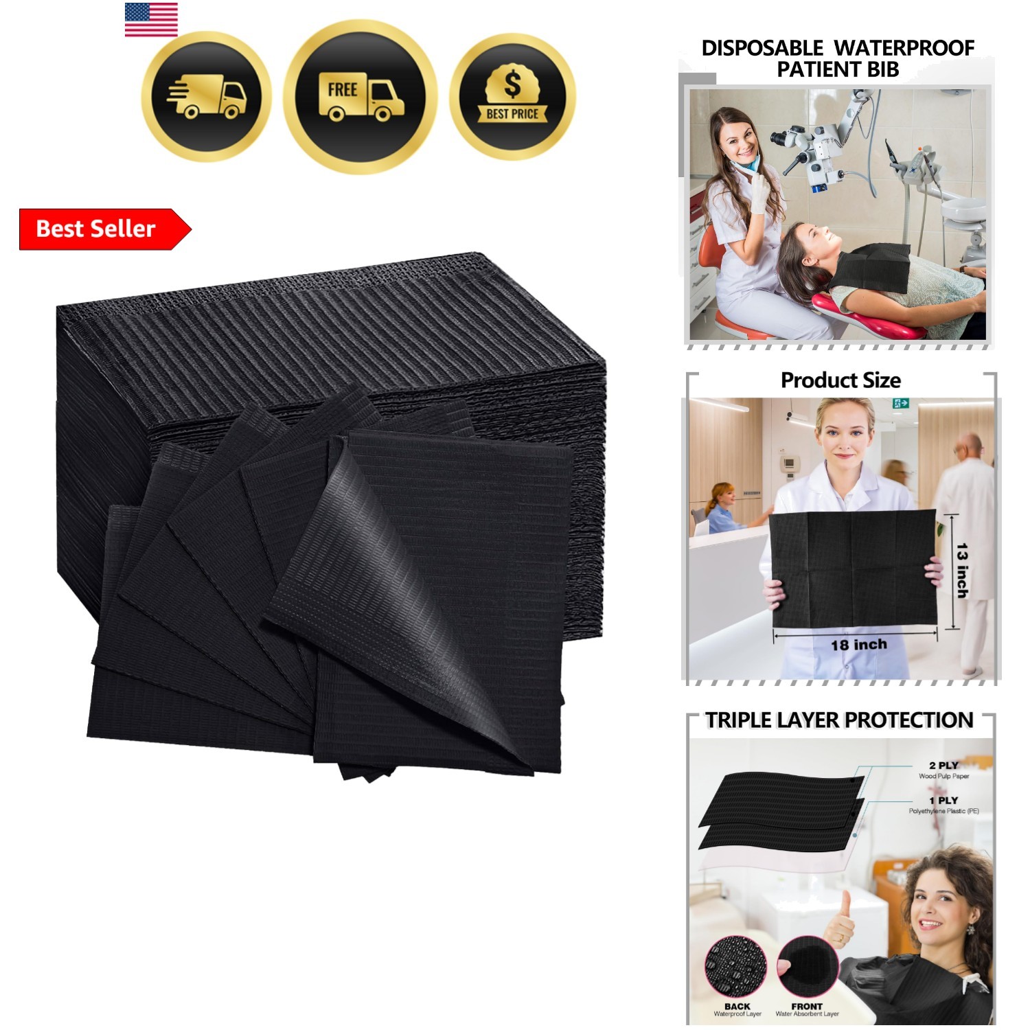 Black Dental Bibs Disposable Dentist Bibs 13″ x 18″, 50 PCS Patient Bibs Tatt…