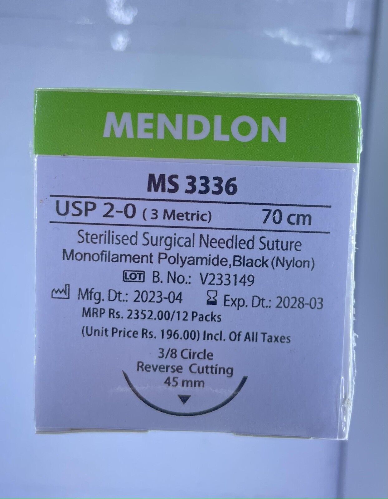 MENDLON MONOFILAMENT POLYAMIDE (NYLON) SUTURE MS3336 USP 2-0 (3 METRIC) 70 CM 12