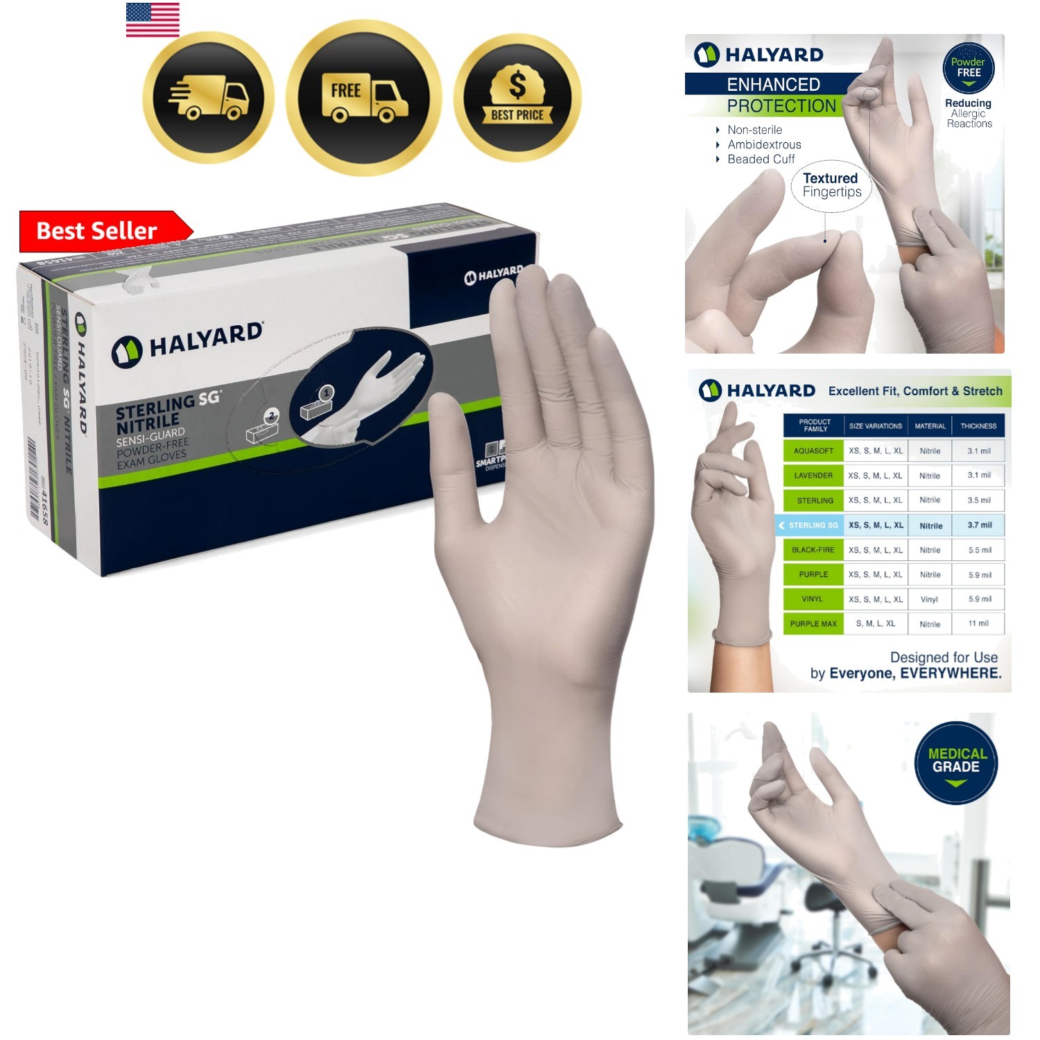 Sterling SG Nitrile Powder Free Exam Gloves Disposable 3.7 mil, 9.5 Inches, G…