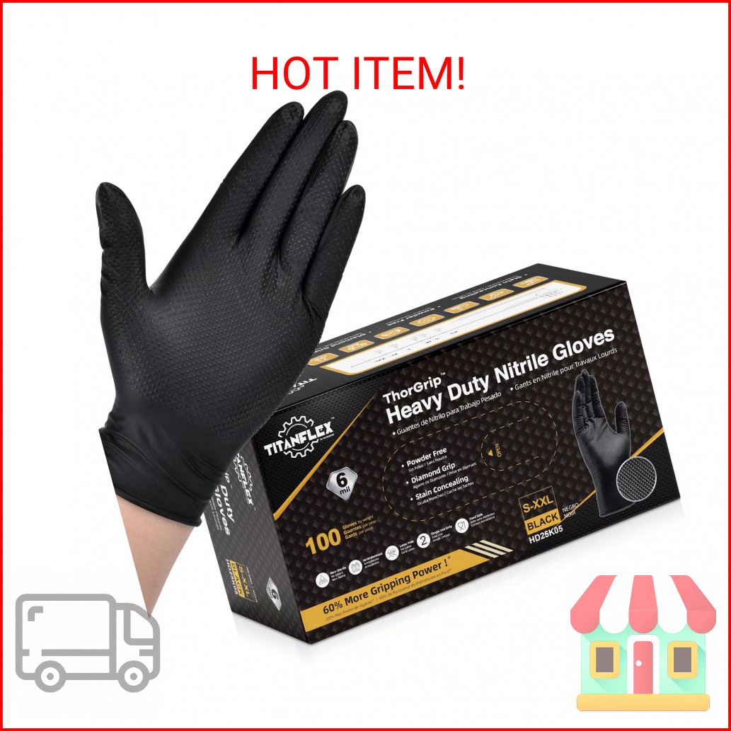TitanFlex Heavy Duty Black Nitrile Gloves, Large, 6 Mil with Raised Diamond Text