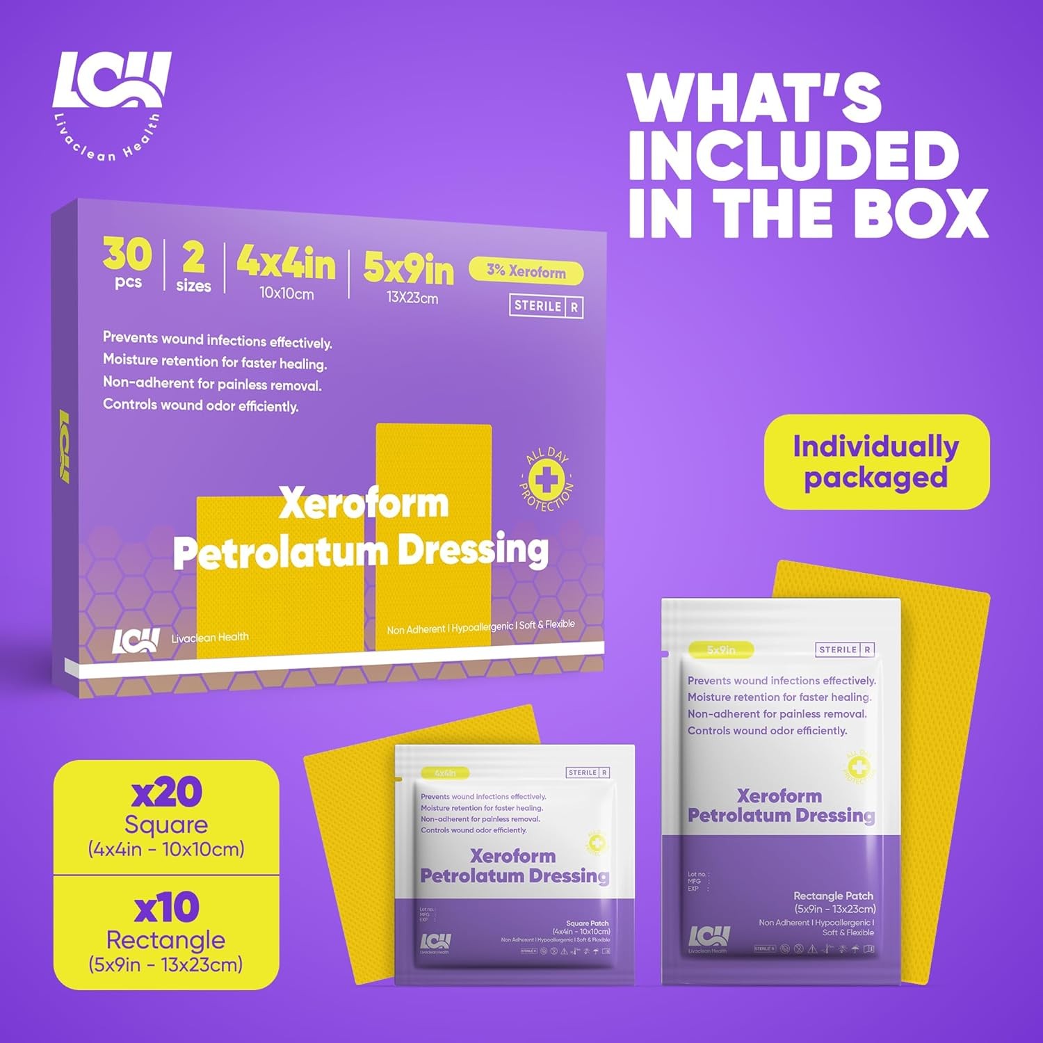 30 CT Xeroform Petrolatum Dressing – Non Stick Gauze Pads – 4″ 5″x9″ & 4″x4″