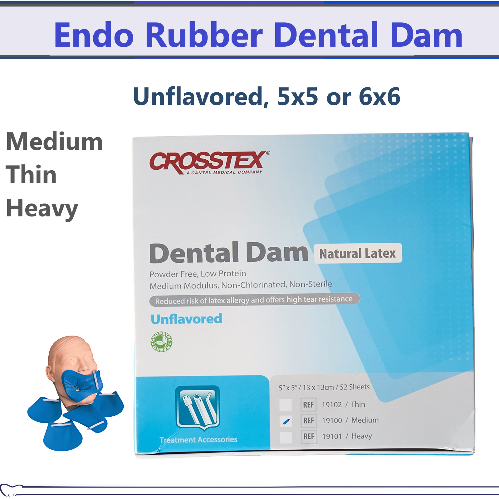Dental Endodontic Rubber Dam Natural Latex Medium Gauge 6″x6″ or 5″x5 Blue 36/Pk