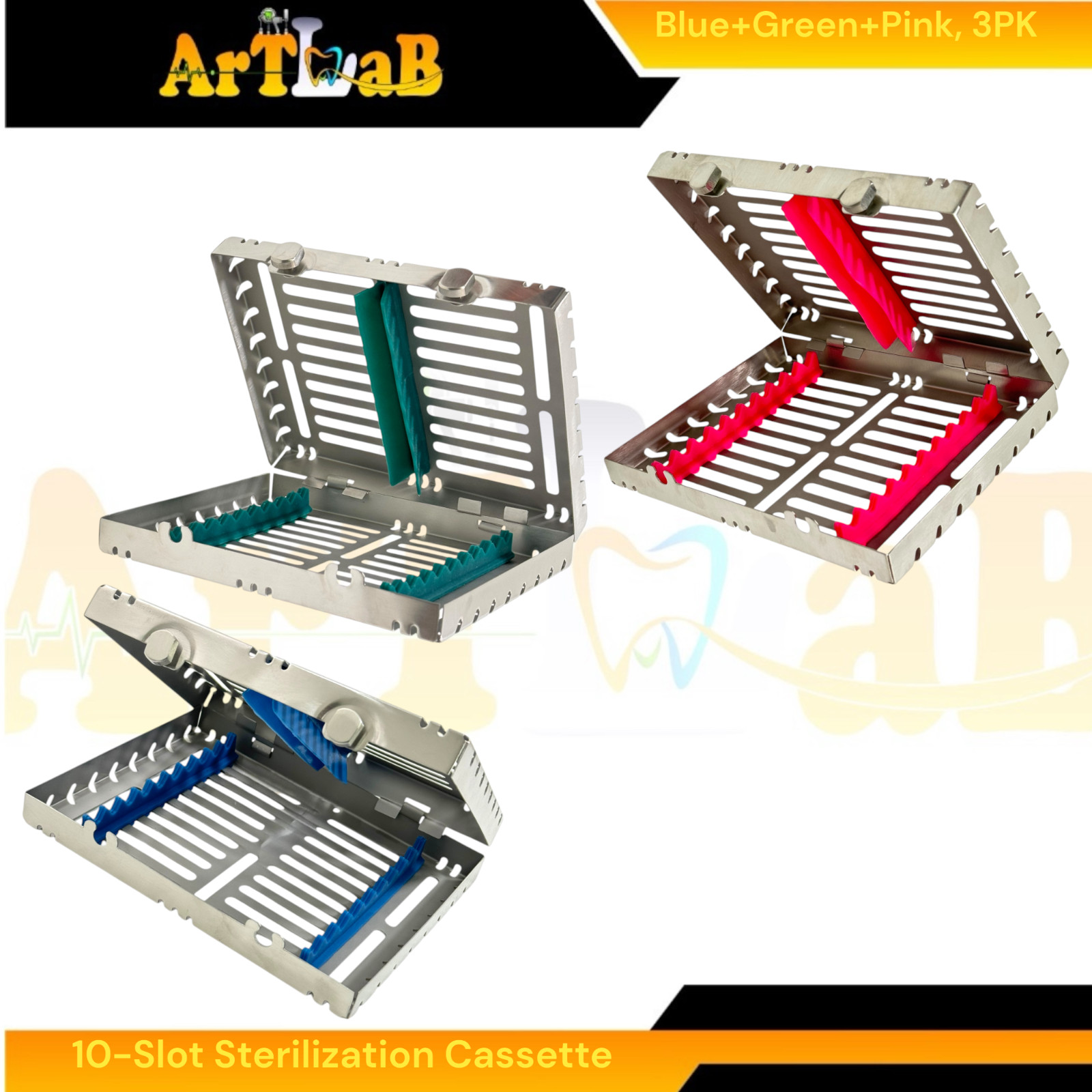 German Steel Sterlization Boxes for 10 Instruments Each, Lock & Detachable – 3PK
