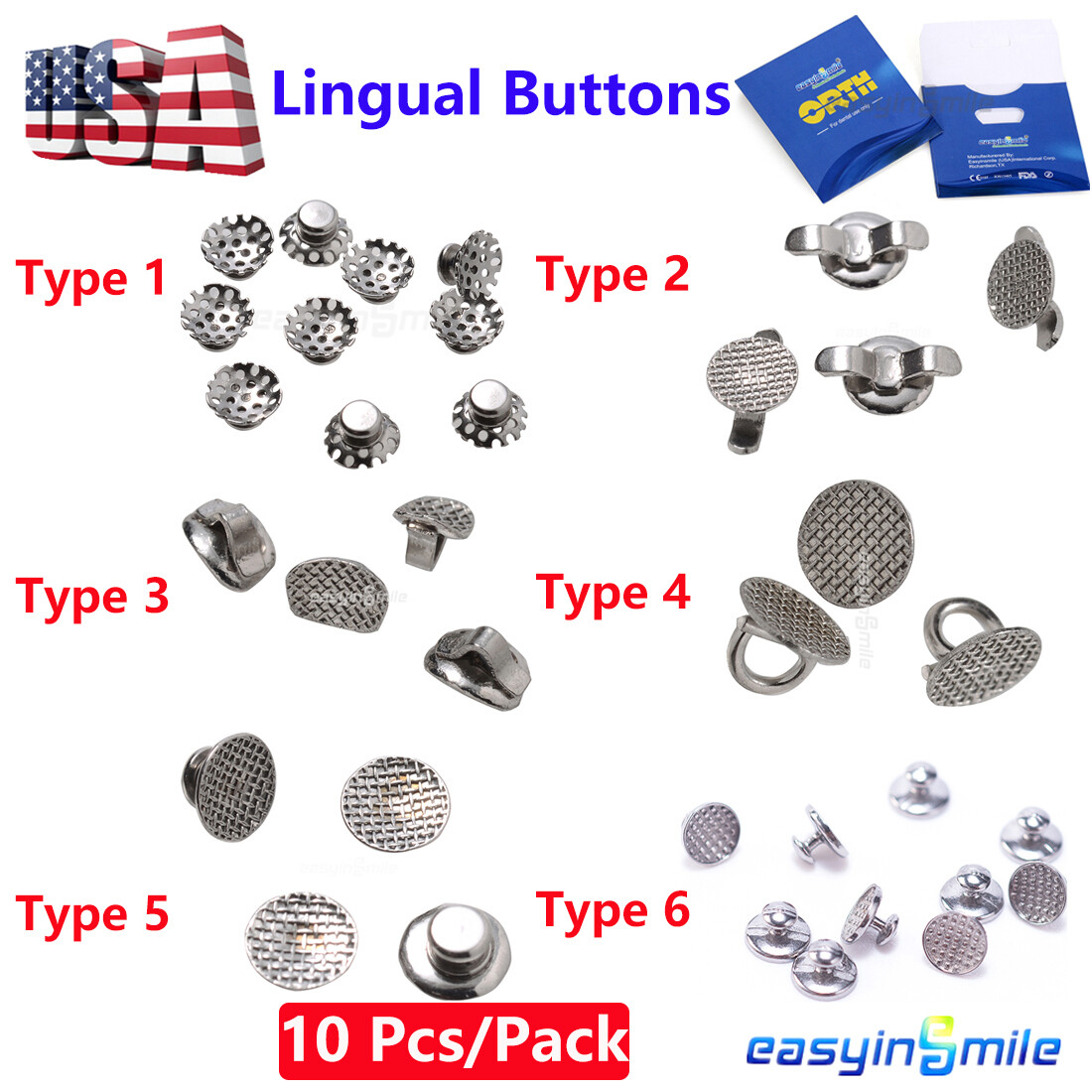 10pc Dental Orthodontic Lingual Button Bondable Mesh Base Round/Rectangle 6Type