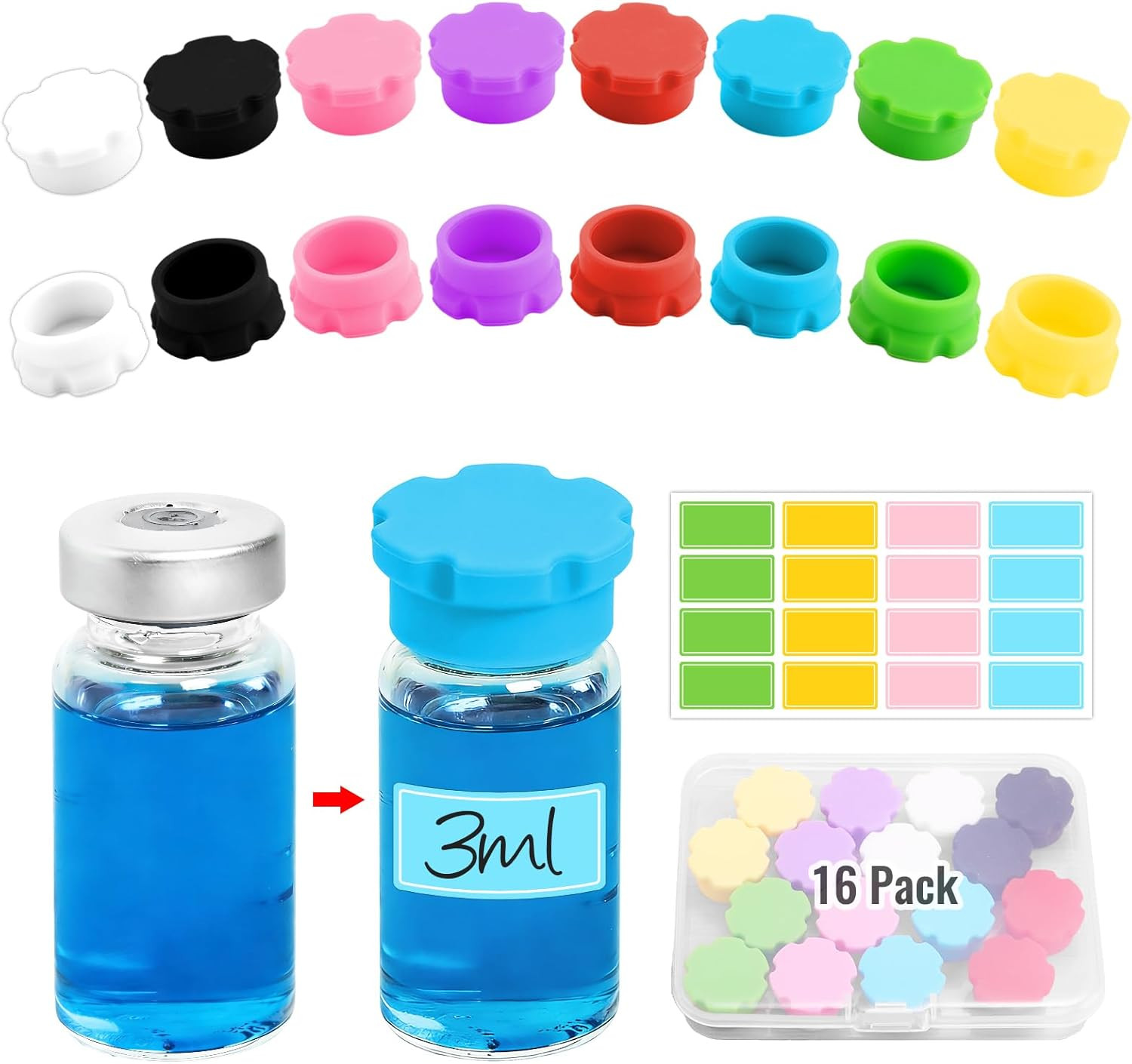 16 Pack 3Ml Glass Vial Caps Silicone Protective Covers with Colorful Labels for