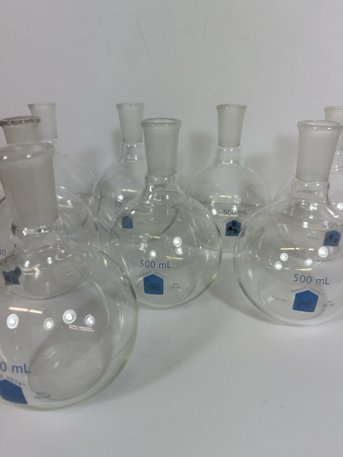 Pyrex Vista 500 mL Round Bottom Flasks No. 70100 Flat Boiling 24/40 Lot Of 8