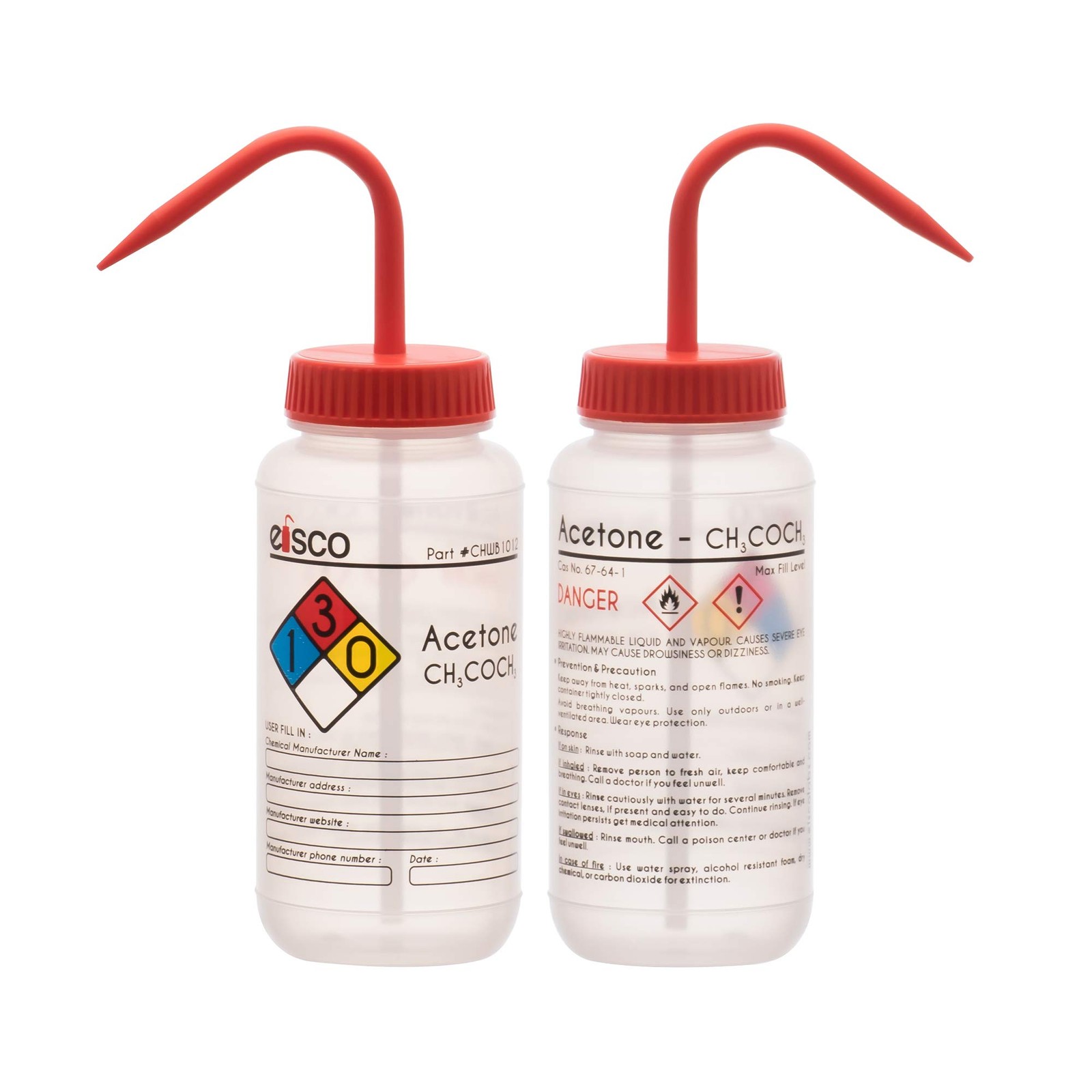 EISCO – 1 Pack Wash Bottle for Acetone, 500ml – Labeled with Color Coded Chem…