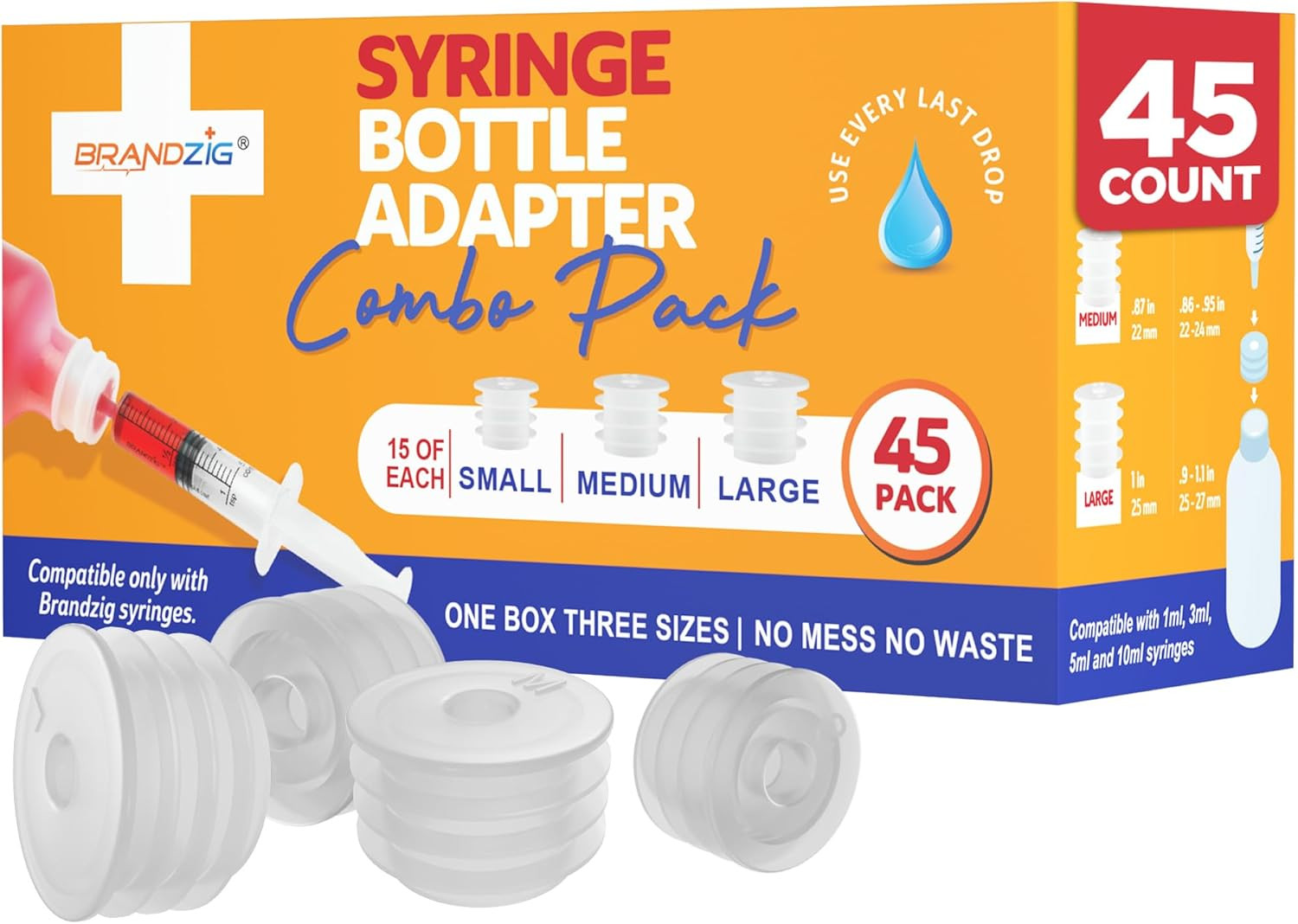Medicine Bottle Syringe Adapter For Oral Dispensers 45 Pieces 3 Sizes (15…