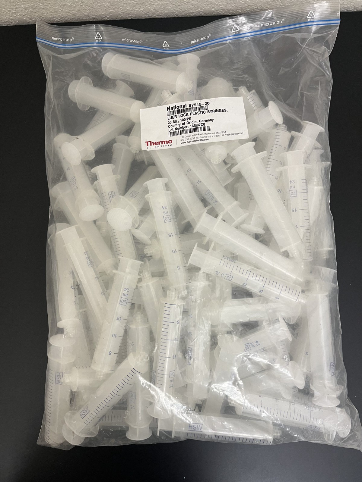 Thermo 20 ML National Target All-Plastic Disposable Syringes, S7515-20, 100/PK