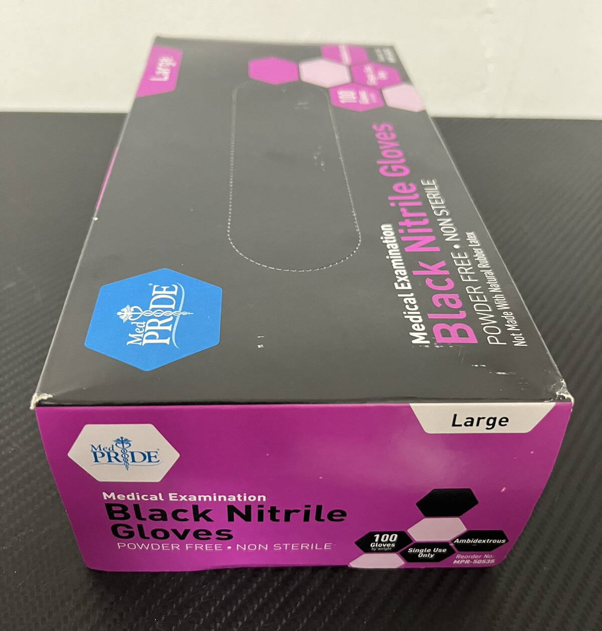 Box Of 100 Genuine MedPride Powder Free Latex Free Black Nitrile Gloves, Large