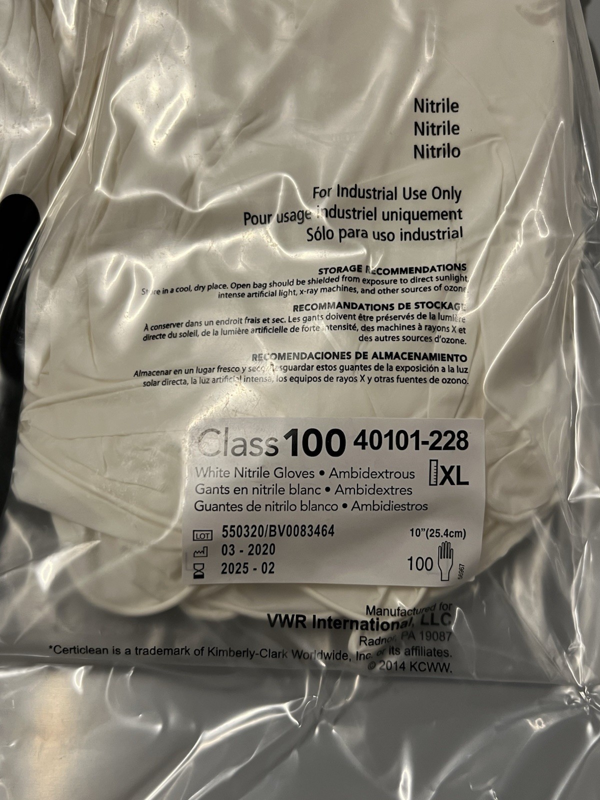 CertiClean Class 100 Nitrile Cleanroom Gloves XL 100/Bag VWR 40101-228
