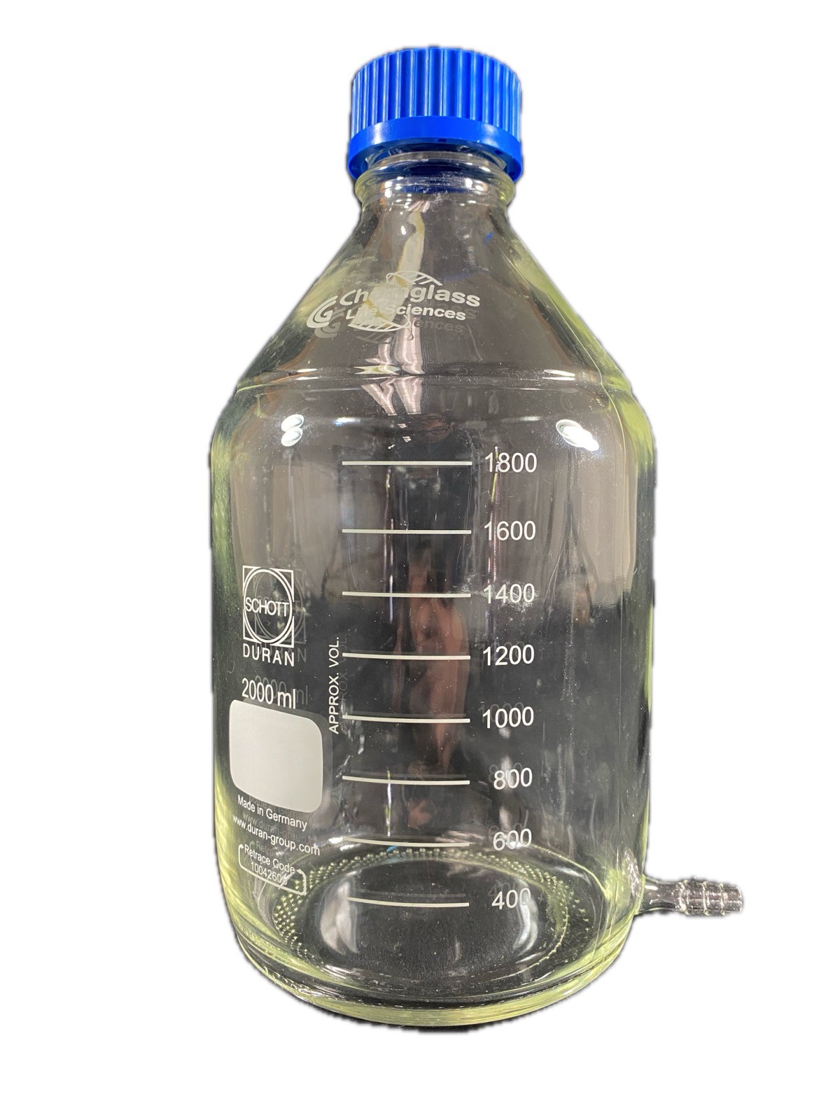 CHEMGLASS DURAN 2000mL Transfer Bottle w/ 1/4″ Hose Barb GL-45 Cap CLS-1423-2L