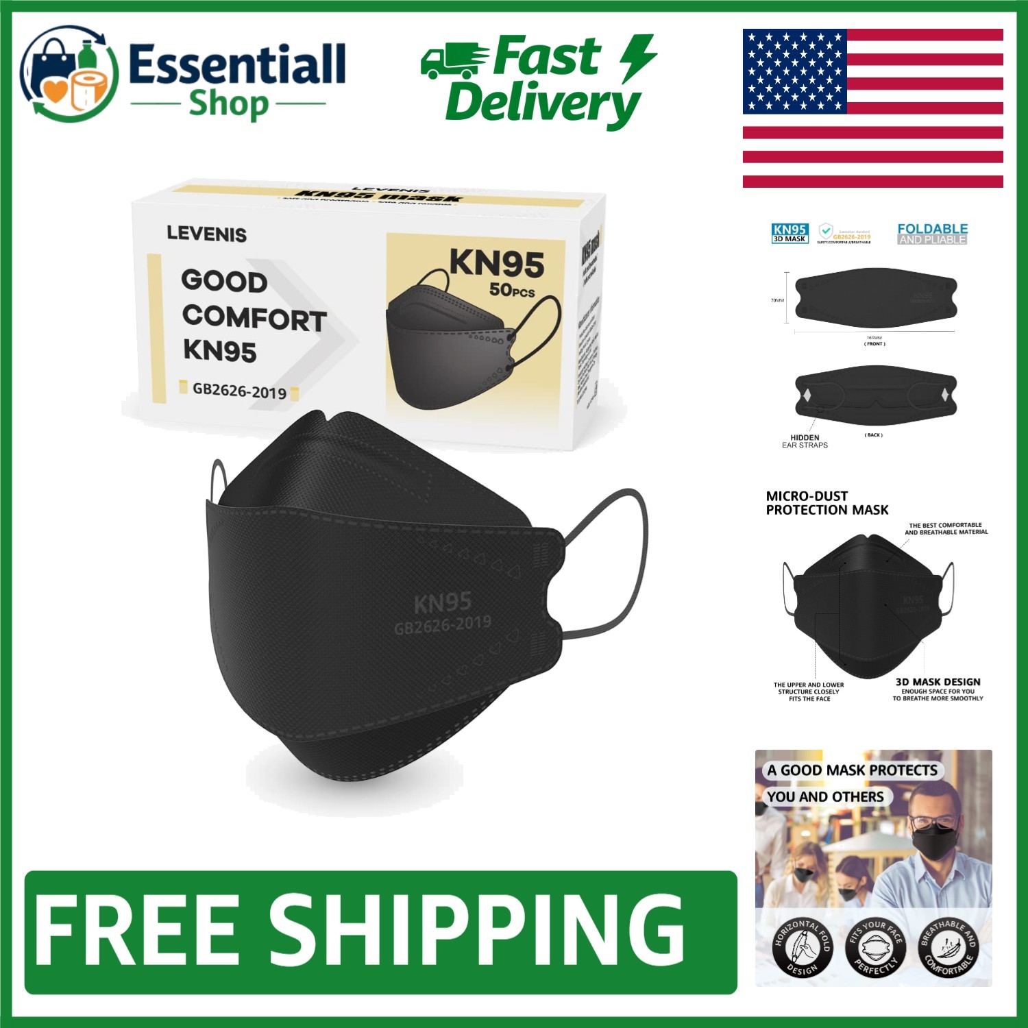 Pack of 50 Black KN95 Masks – Over 95% Filtration, Skin-Friendly & Lightweight