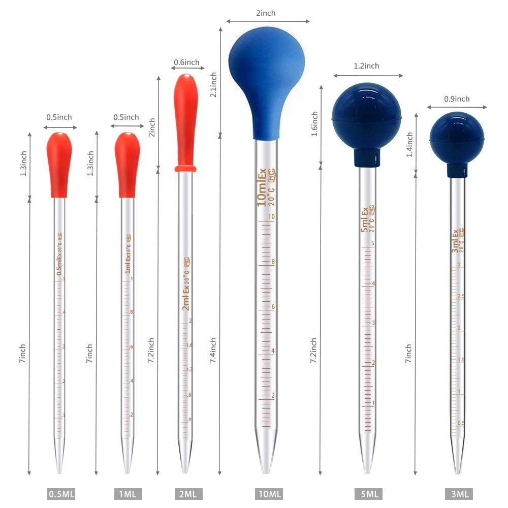 6Pcs Thick Glass Graduated Dropper Pipettes Fluid and Liquid Pipettors + 2 Brush