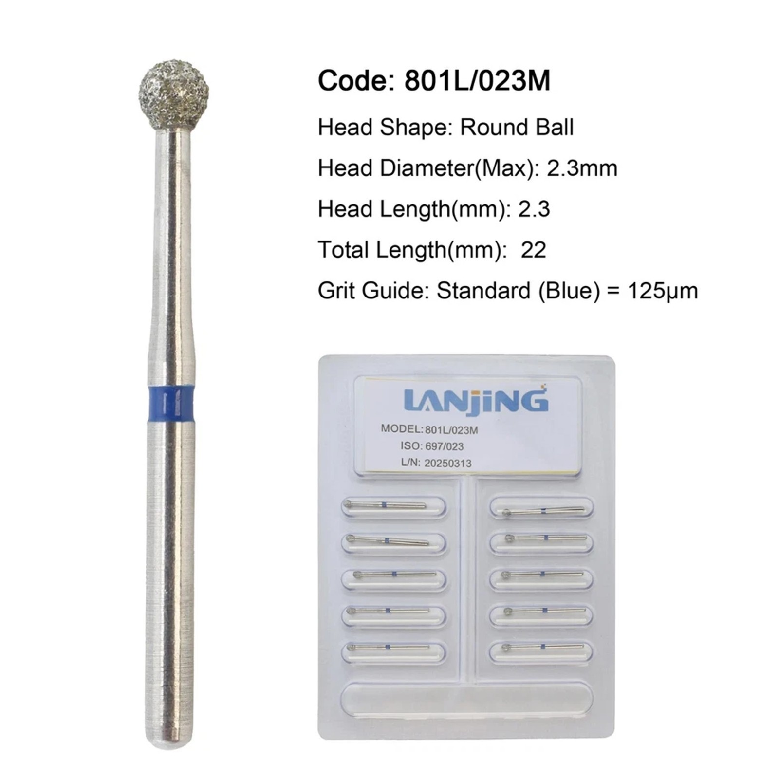 Dental Surgical Diamond Burs 801L/023M Long Round Ball High Speed Friction Grip