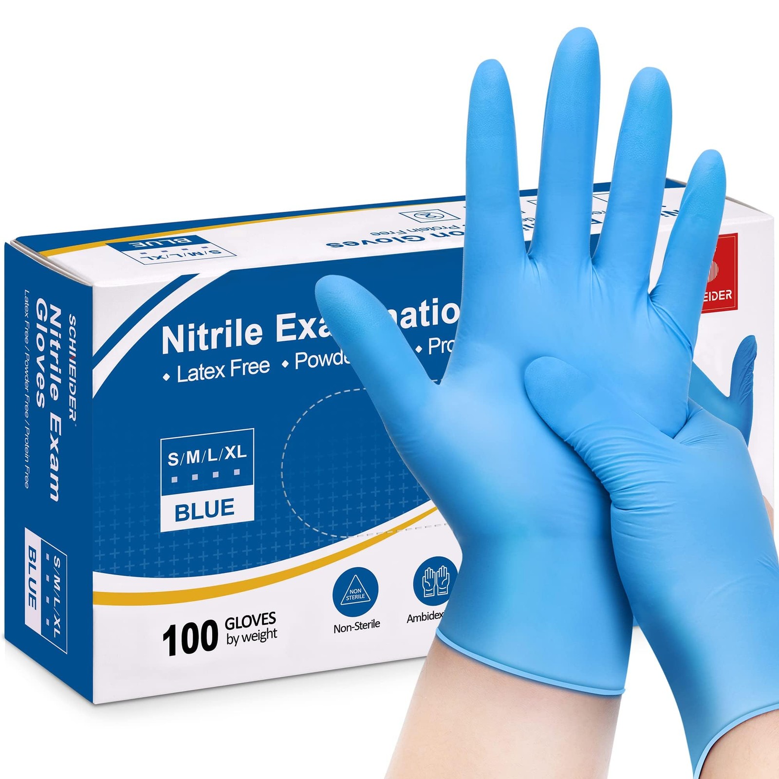 Schneider Nitrile Exam Disposable Gloves for Medical, Cleaning, Medium, Blue