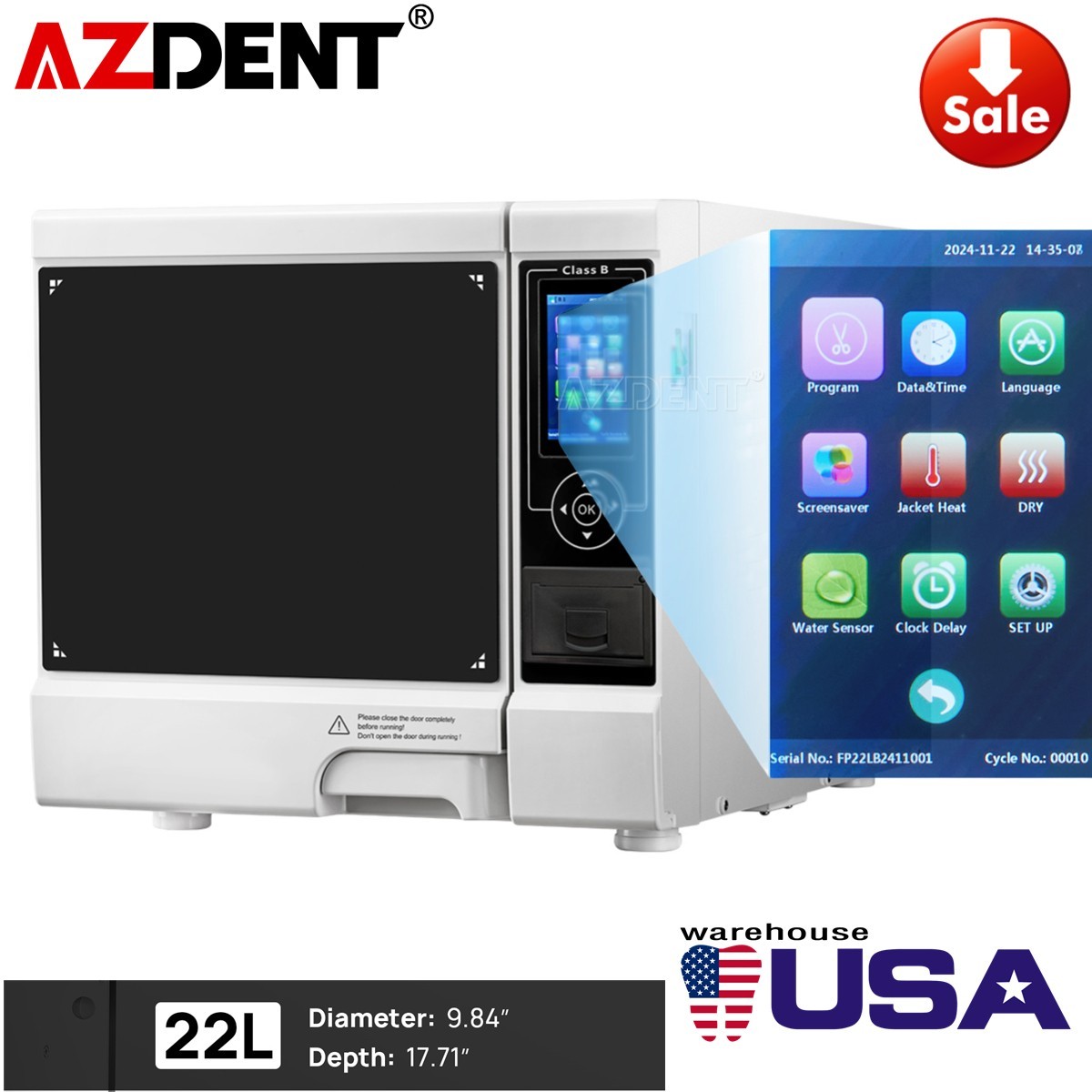 22L Dental Autoclave Steam Sterilizer Class B Medical Sterilization With Printer