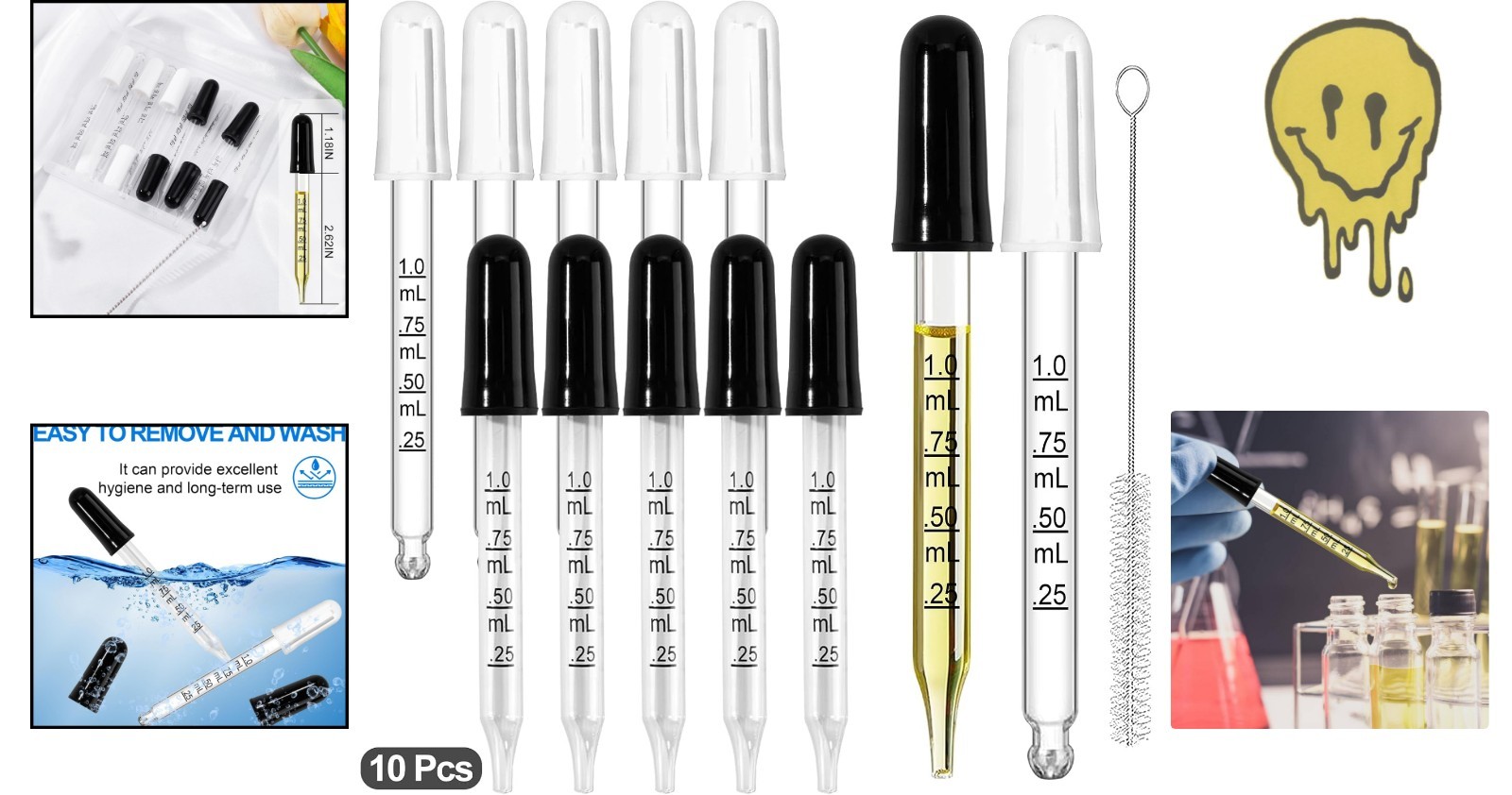 10Pcs Eye Dropper with Durable Rubber Head, 1ml Glass Dropper, SMALL, white