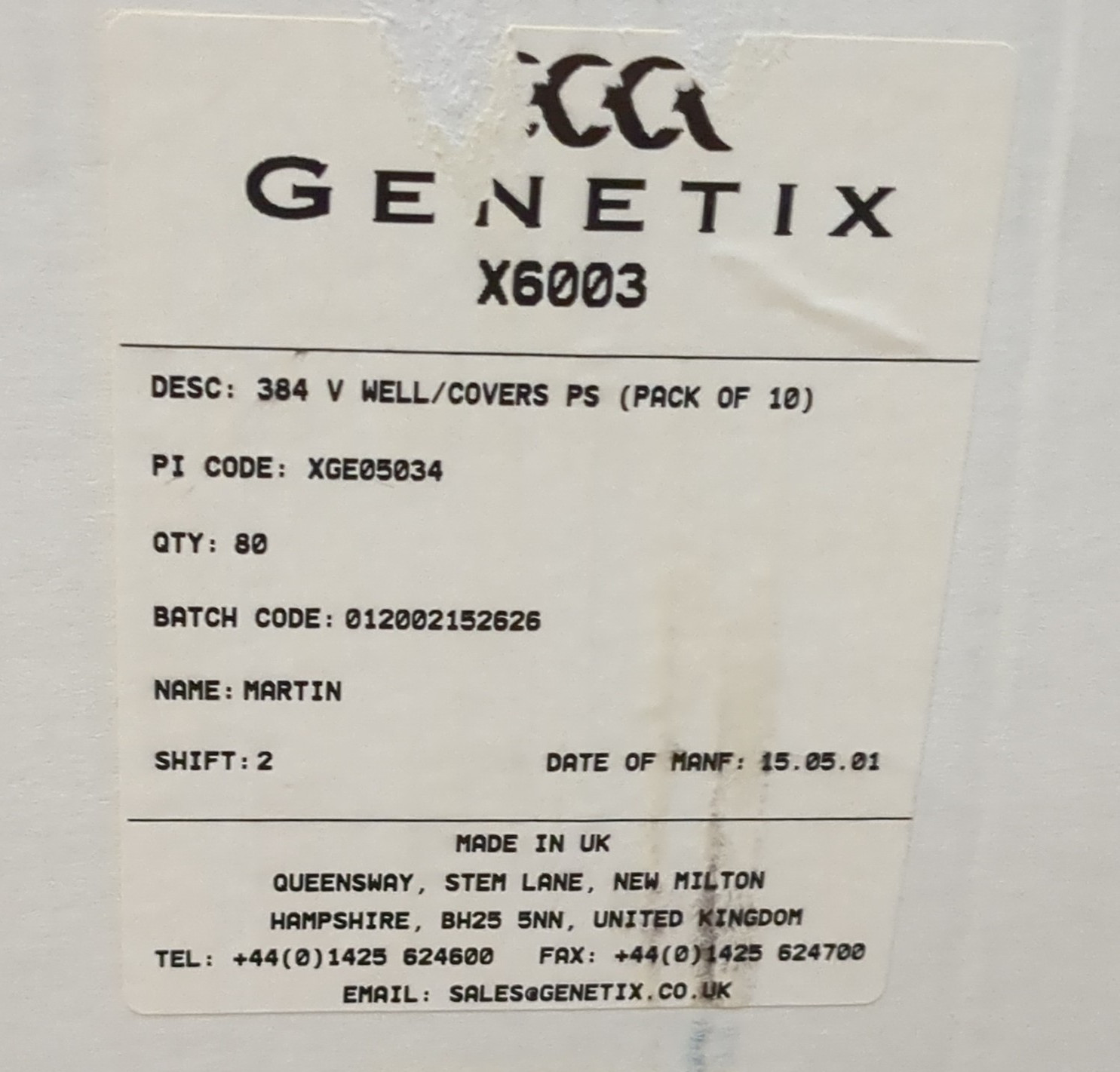 Genetix X6003 384 Well Plates for Biological Lab 1 Case, 8 Packs of 10