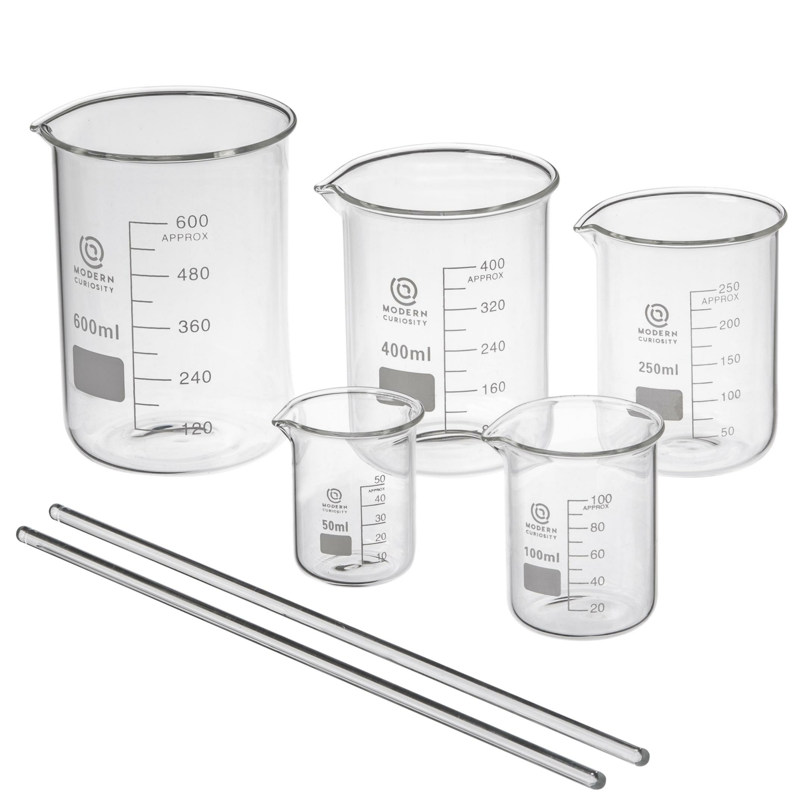 Modern Curiosity 5-pack Glass Beakers 50mL-1000mL Set with Stirring Rods