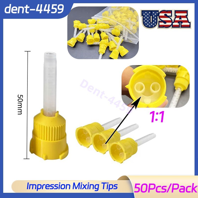 Dental Impression Mixing Tips Yellow 50mm(1:1) For Light Body 50Pcs USA